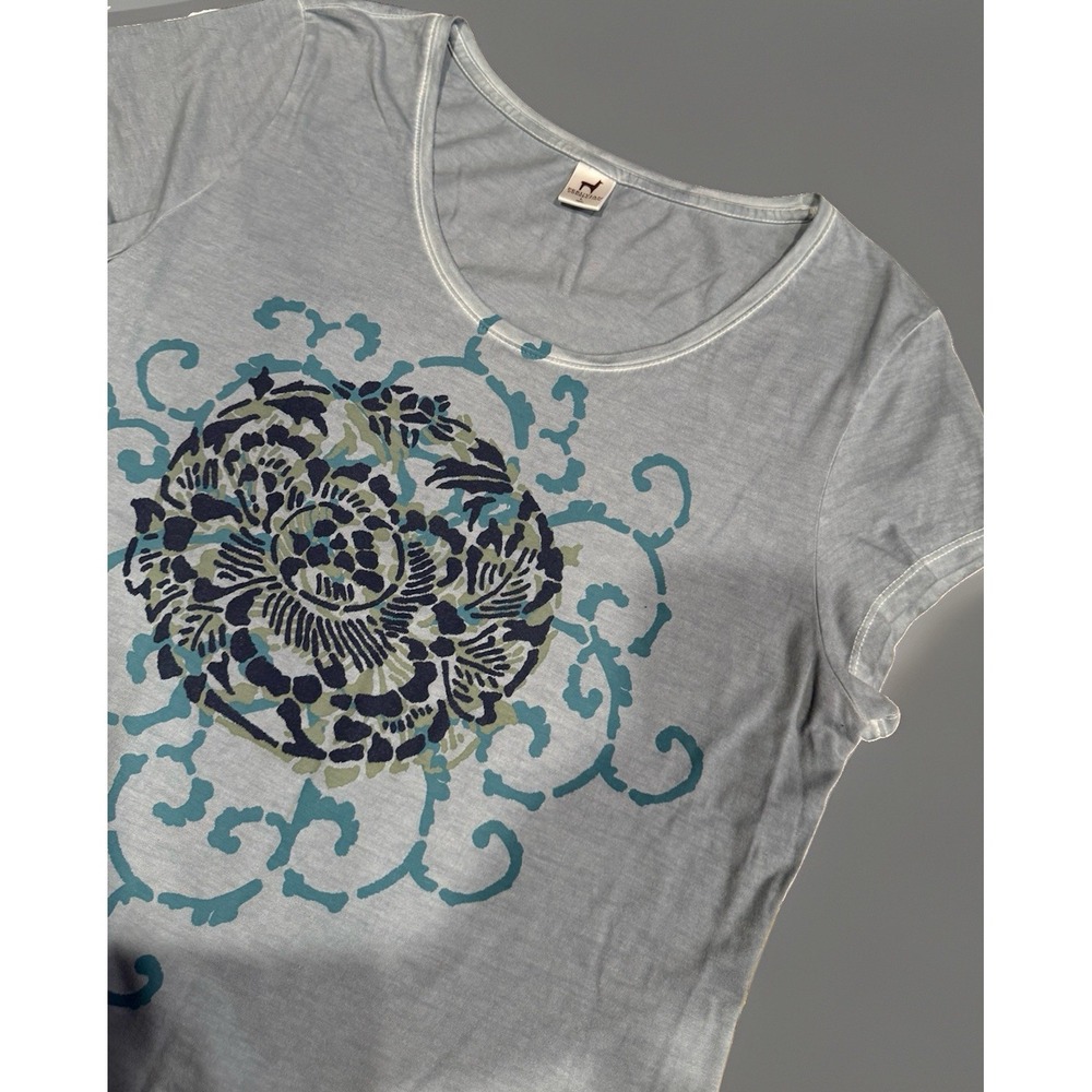 Peruvian Connection Top Size L Blue 100% Pima Cotton Floral Graphic Tee Shirt